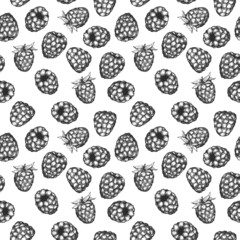 Hand drawing seamless pattern with raspberries in monochrome sketch engraved style isolated on white background. Design for branding textile or market cover, cloth. Botanical vector illustration.