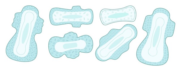 A set of feminine hygiene products for menstruation. Sanitary pads. Vector illustration.