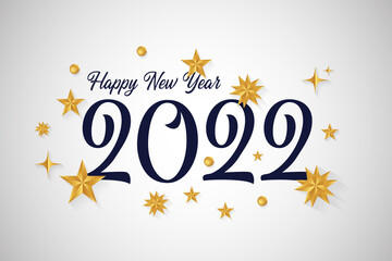 Happy New Year 2022 text design. 2022 calligraphy writing with gold star ornament. for cover, brochure, template, 