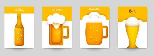 Set background templates for beer banner, flyer, card, poster in modern minimalistic paper cut style. Collection design composition of branding ads, festival, party, identity. Vector illustration.