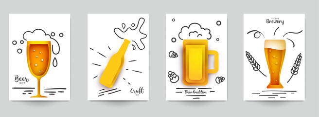Set background templates for beer banner, flyer, card, poster in modern minimalistic paper cut style. Collection design composition of branding ads, festival, party, identity. Vector illustration.