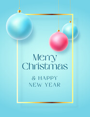 Realistic Christmas Baubles on Blue Pastel Background with Modern Golden Glitter Greetings Frame Template. Winter Holiday Decoration Card or Poster Mockup. New Year 3D Ball Social Media Banner