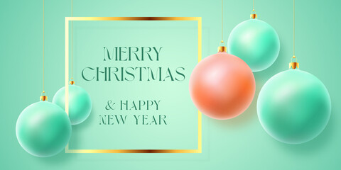 Christmas Pastel Baubles on Gentle Background. Modern Golden Glitter Greetings Frame Template. Winter Holiday Social Media Card or Poster Mockup. New Year 3D Ball Social Network Banner