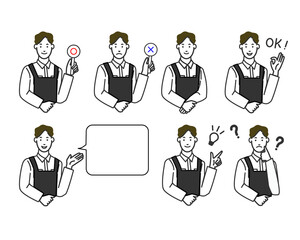 黒いエプロンをしたカフェ定員風のアジア人好青年の表情のバリエーションの白バックのシンプルな線画のイラスト