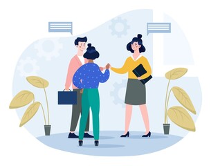 Fototapeta premium Concept of happy colleagues. Girls and men communicate in office. Brainstorming, employees, coworking, partners. Friendly team, good atmosphere, organization. Cartoon flat vector illustration