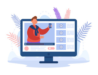 Video blogger on computer screen advertising new phone. Man posting vlog or smartphone review on channel flat vector illustration. Technology, marketing concept for banner or landing web page
