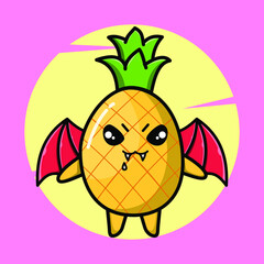 Pineapple mascot cartoon character as dracula with wings in cute style for t-shirt, sticker, logo element, poster