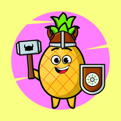 Pineapple viking pirate character cartoon with hat and holding hammer and shield in cute style design for t-shirt, sticker, logo element, poster