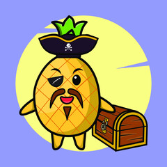Pineapple pirate character with hat and beside treasure box cute style design for t shirt, sticker, logo element