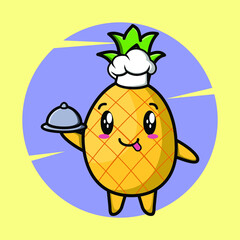 Pineapple chef mascot character serving food on tray cute style design for t-shirt, sticker, logo element