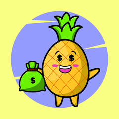 Cartoon pineapple mascot holding sword and shield in cute style for t-shirt, sticker, logo element