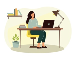 Concept of online study. Girl sits at home at laptop. Character passes test, exam, search for information on Internet. Modern technologies, comfort, coziness, evening. Cartoon flat vector illustration