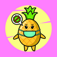 Cartoon mascot illustration pineapple using mask to prevent corona virus in cute style design for t-shirt, sticker, logo element, poster