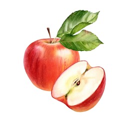 Watercolor red apple. Realistic fruit composition with whole, half and leaves. Botanical artwork with ripe sweet food for label design, summer garden