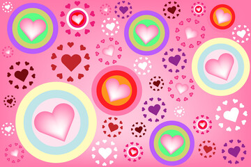 Pink background pattern with many different colored hearts 