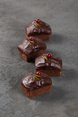 Small rectangular cocoa muffin, cake with chocolate icing and cranberries on a dark gray background top view