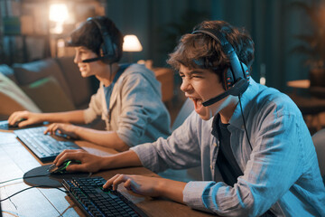 Gamers playing online video games together