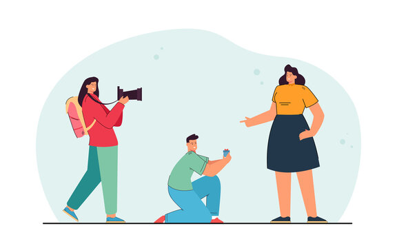 Woman taking picture of man proposing to girlfriend. Girl capturing moment of family creation flat vector illustration. Posing, social media space concept for banner, website design, landing web page