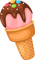 Ice cream cone with sweet balls and topping. Vector top of ice cream, sweet food dessert isolated illustration