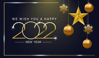 Fototapeta na wymiar Happy New Year 2022, elegant text with golden backlight, golden balls, a star and snowflakes. Minimalistic text template. New Year's poster.EPS 10.