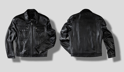 Black leather jacket isolated on white. Front and back views. Ready for clipping path. - obrazy, fototapety, plakaty