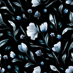 Seamless floral watercolor pattern of winter flowers on a black background. Digital paper. Cloth. Fabric. Textile. Wallpaper