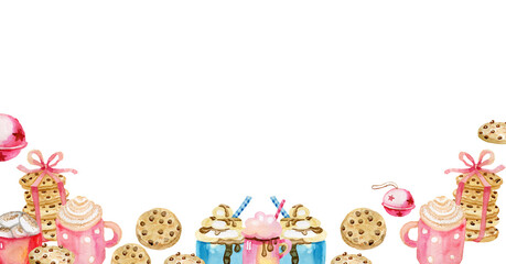 Horizontal Banner for Social Networks Christmas Sweets and Drinks Cookies Cocoa Coffee Watercolor By Hand