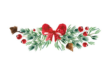 Winter wreath painted by watercolor. Hand drawn illustration.