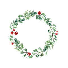 Winter wreath painted by watercolor. Hand drawn illustration.