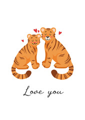 Cute vector illustration for valentines day. Animalistic concept Couple of lovers. Hearts, tigers, lettering. Love you. For postcards, posters, printing on clothes. Chinese New Year 2022