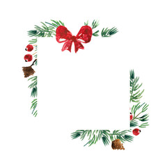 Winter wreath painted by watercolor. Hand drawn illustration.