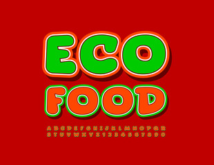 Naklejka premium Vector colorful Signboard Eco Food. Creative Bright Font. Artistic Alphabet Letters and Numbers set