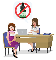 A sad young woman is sitting on a chair in front of the wooden desk of a female doctor forbidding her to take CBD