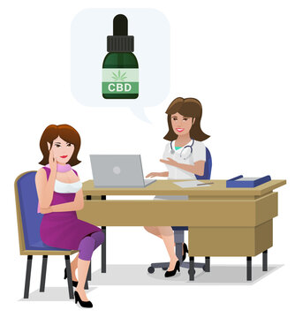 A young woman sits on a chair in front of the wooden desk of a female doctor prescribing her a CBD