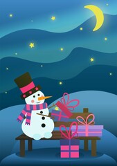 Illustration with a snowman in a scarf, he received a lot of boxes with gifts and opens a gift. Festive background, falling snowflakes. Can be used for greetings, postcards 