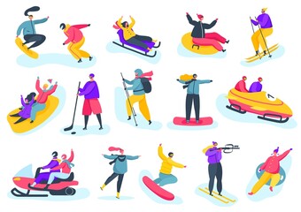 Winter sports activities, people having fun skiing and snowboarding. Professional skiers and snowboarders, winter season activity vector set. Playing hockey and doing extreme sport