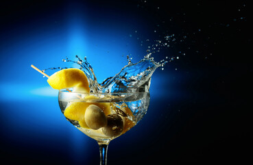 Martini with green olives and lemon on a dark background.