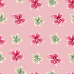 Fototapeta premium Exotic blooming plumeria seamless pattern on pink background.