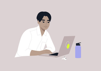 A young male Asian character typing on a laptop, office daily life