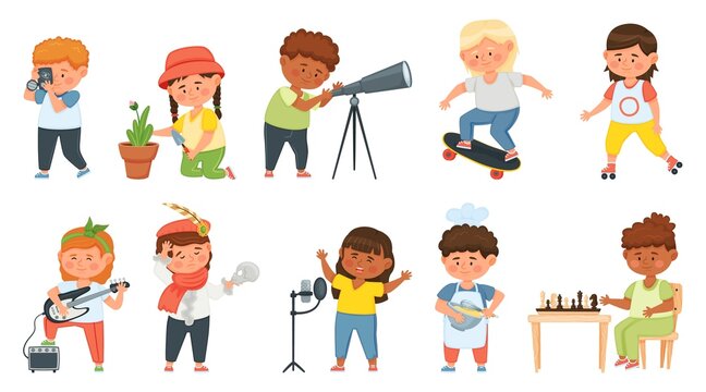 Cartoon kids with various hobbies and activities, creative children. Boys and girls photographing, cooking, gardening, playing chess vector set. Characters spending free time creatively