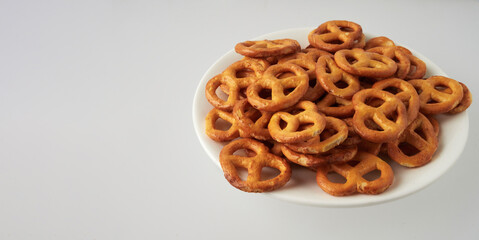 Pretzels isolated on white background. Flat lay. Top view