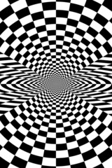 Abstract Black and White Pattern with Tunnel. Contrasty Optical Psychedelic Illusion. Smooth Checkered Spiral and Chessboard in Perspective. Raster. 3D Illustration