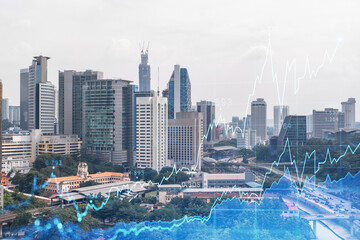 Forex and stock market chart hologram over panorama city view of Kuala Lumpur. KL is the financial center in Malaysia, Asia. The concept of international trading. Double exposure.