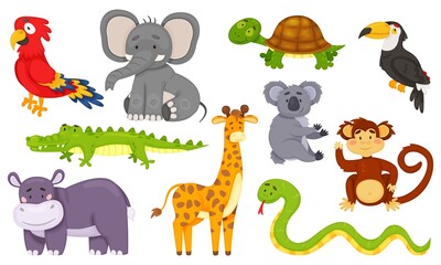 Plakat Cartoon jungle animals, wild african animal characters. Cute monkey, giraffe, elephant, toucan, zebra, koala, savannah wildlife vector set. Childish tropical creatures with smiley faces