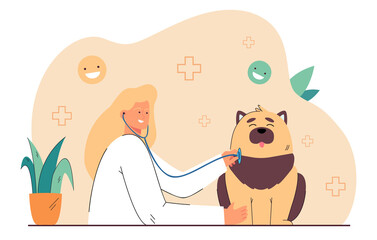 Veterinary surgeon examining cute dog at clinic. Domestic animal having checkup appointment flat vector illustration. Pet health care and medical concept for banner, website design, landing web page