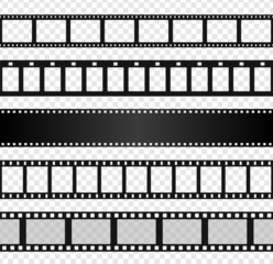 Blank film strip template, black movie reel photo frame. Retro cinema filmstrip, old negative reels camera, seamless films strips vector set. Cinematography production realistic elements