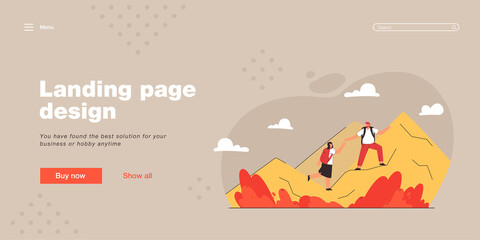 Man and woman hiking vector illustration. Couple of hikers with backpacks helping each other during trek on top of mountain. Outdoor activity concept for banner, website design or landing web page