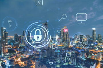 Glowing Padlock hologram, night panoramic city view of Bangkok, Southeast Asia. The concept of cyber security to protect companies. Double exposure.