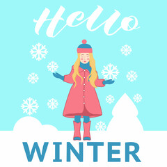 Fototapeta na wymiar vector image of a little girl in winter and the inscription Hello winter