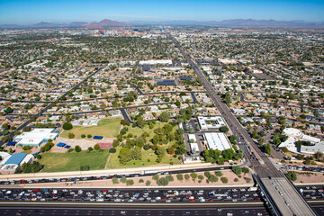 Aerial view looking north at Traffic on the U.S. 60 and the Tempe, Arizona skyline